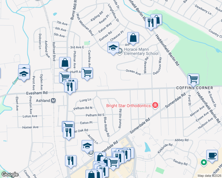 map of restaurants, bars, coffee shops, grocery stores, and more near 109 East Evesham Road in Voorhees Township