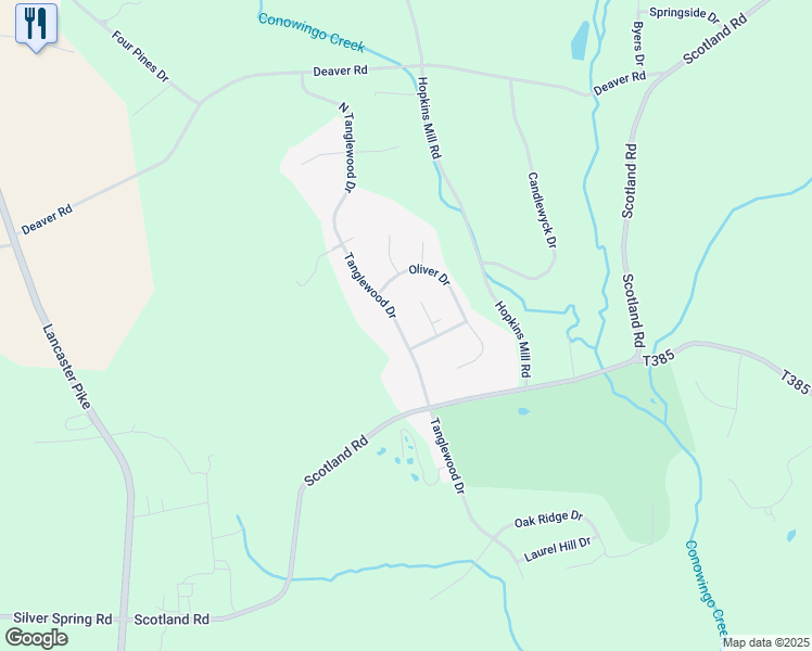 map of restaurants, bars, coffee shops, grocery stores, and more near 223 North Tanglewood Drive in Quarryville