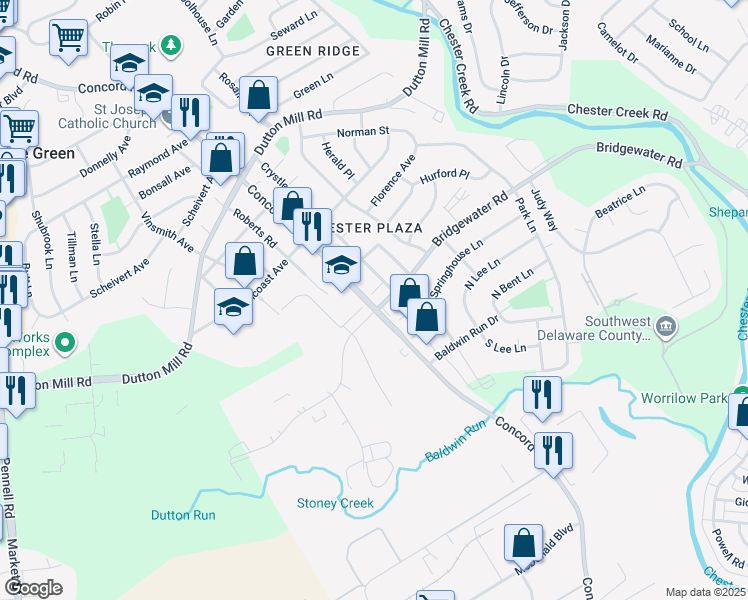 map of restaurants, bars, coffee shops, grocery stores, and more near 2810 Concord Road in Aston