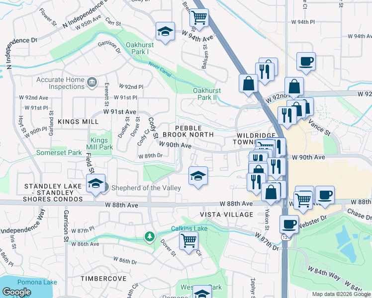 map of restaurants, bars, coffee shops, grocery stores, and more near 8360 West 90th Avenue in Westminster