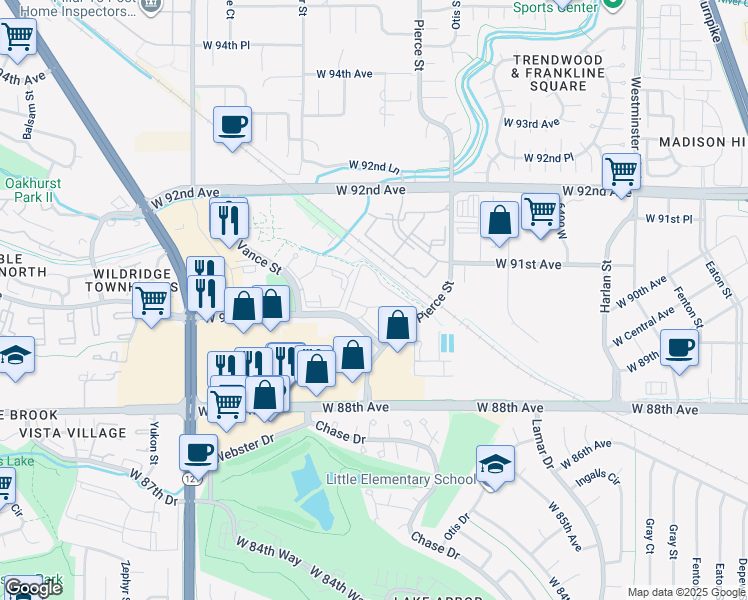 map of restaurants, bars, coffee shops, grocery stores, and more near 6969 West 90th Avenue in Westminster