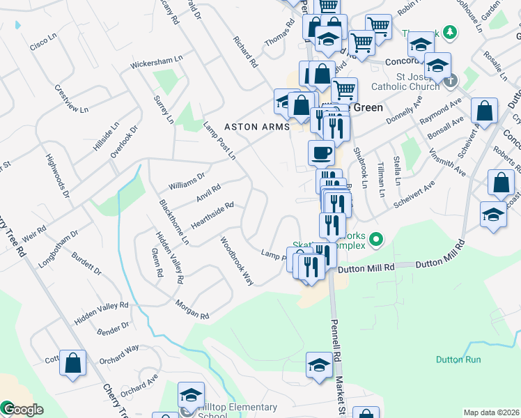 map of restaurants, bars, coffee shops, grocery stores, and more near 25 Cobblestone Lane in Aston