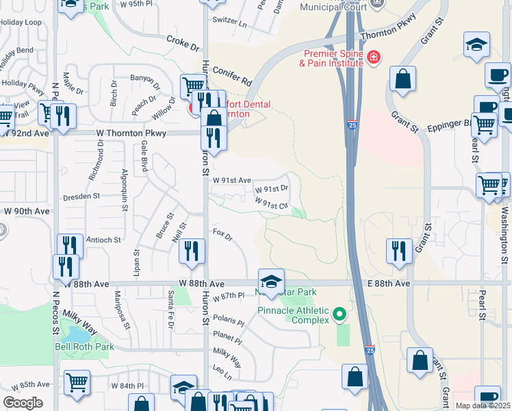map of restaurants, bars, coffee shops, grocery stores, and more near 580 West 91st Circle in Thornton