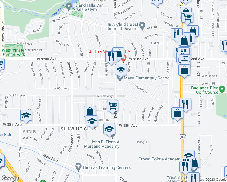 map of restaurants, bars, coffee shops, grocery stores, and more near 3629 91st Avenue in Westminster