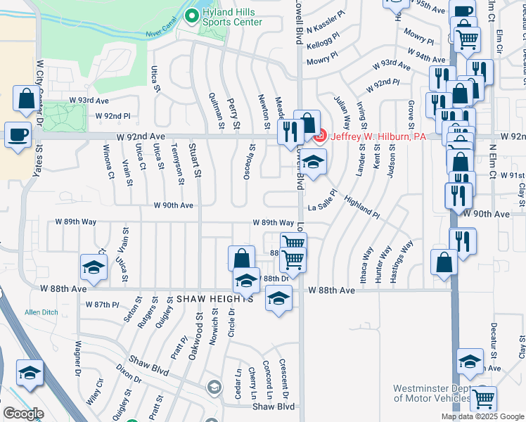 map of restaurants, bars, coffee shops, grocery stores, and more near 3743 West 89th Way in Westminster