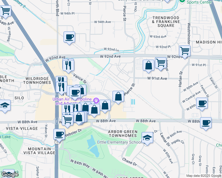 map of restaurants, bars, coffee shops, grocery stores, and more near 6969 West 90th Avenue in Westminster