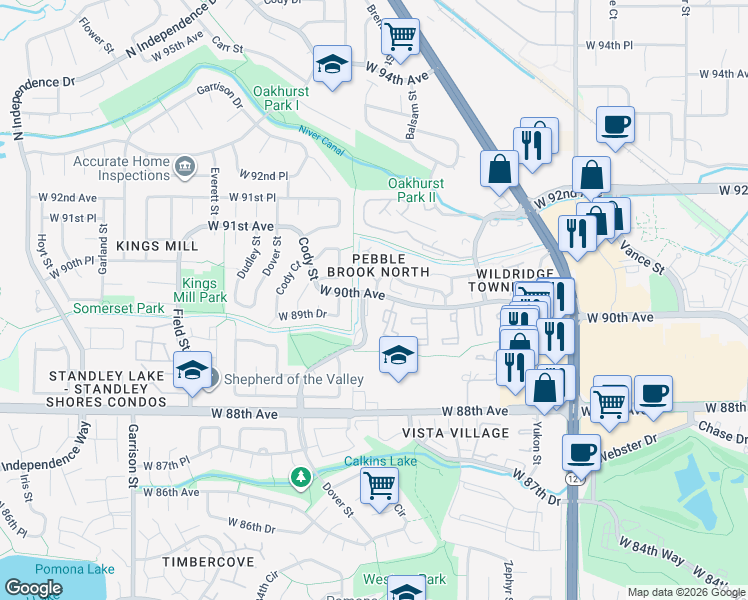 map of restaurants, bars, coffee shops, grocery stores, and more near 8360 West 90th Avenue in Westminster