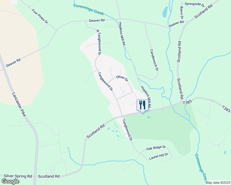 map of restaurants, bars, coffee shops, grocery stores, and more near 223 North Tanglewood Drive in Quarryville