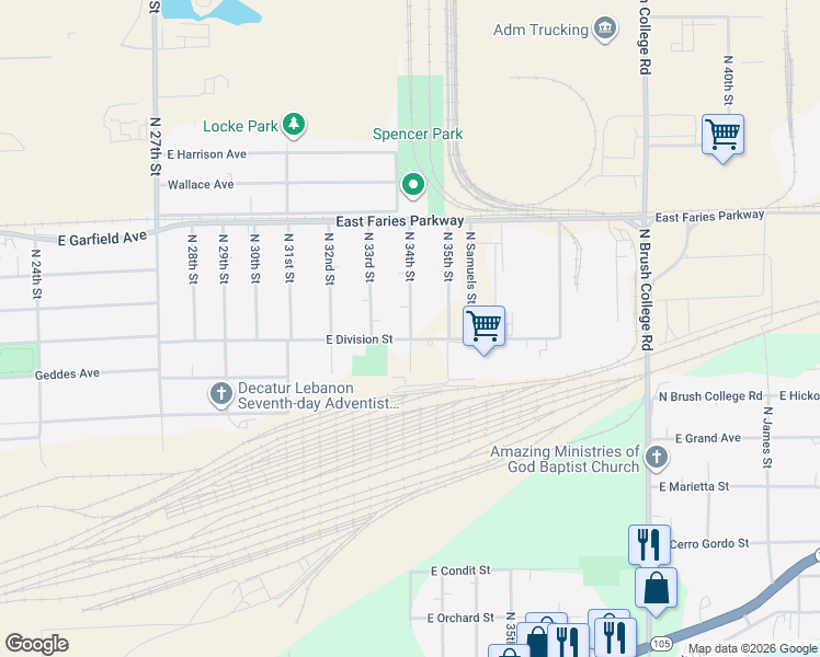 map of restaurants, bars, coffee shops, grocery stores, and more near 1601-1999 North 34th Street in Decatur