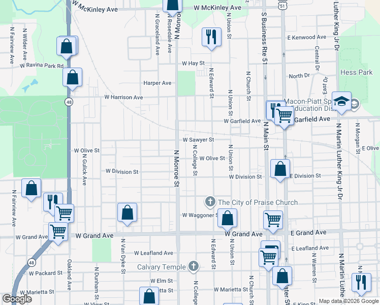 map of restaurants, bars, coffee shops, grocery stores, and more near 1670 North College Street in Decatur