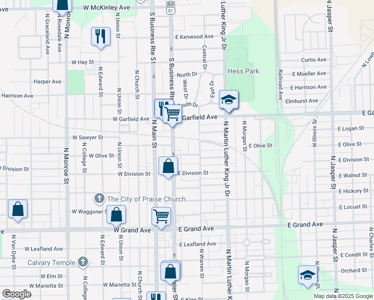 map of restaurants, bars, coffee shops, grocery stores, and more near 1721 North Whitchel Avenue in Decatur