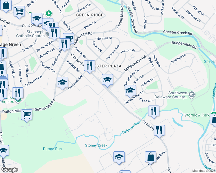 map of restaurants, bars, coffee shops, grocery stores, and more near 2810 Concord Road in Aston