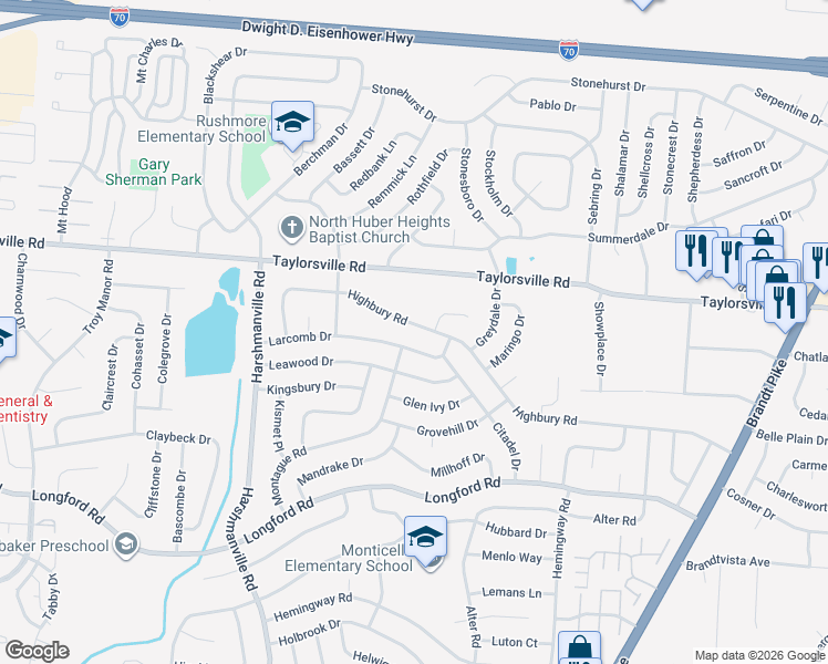 map of restaurants, bars, coffee shops, grocery stores, and more near 6524 Larcomb Drive in Dayton