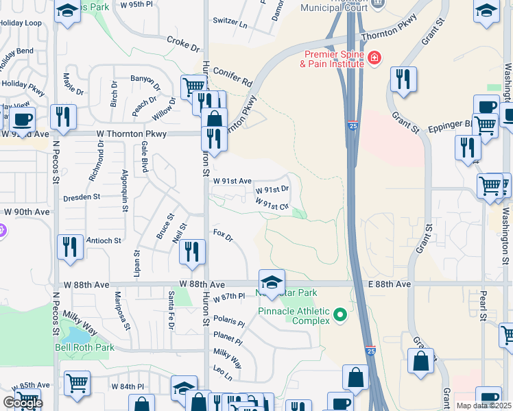 map of restaurants, bars, coffee shops, grocery stores, and more near 580 West 91st Circle in Thornton