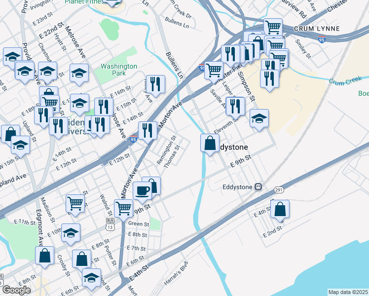 map of restaurants, bars, coffee shops, grocery stores, and more near 939 Terrill Street in Chester