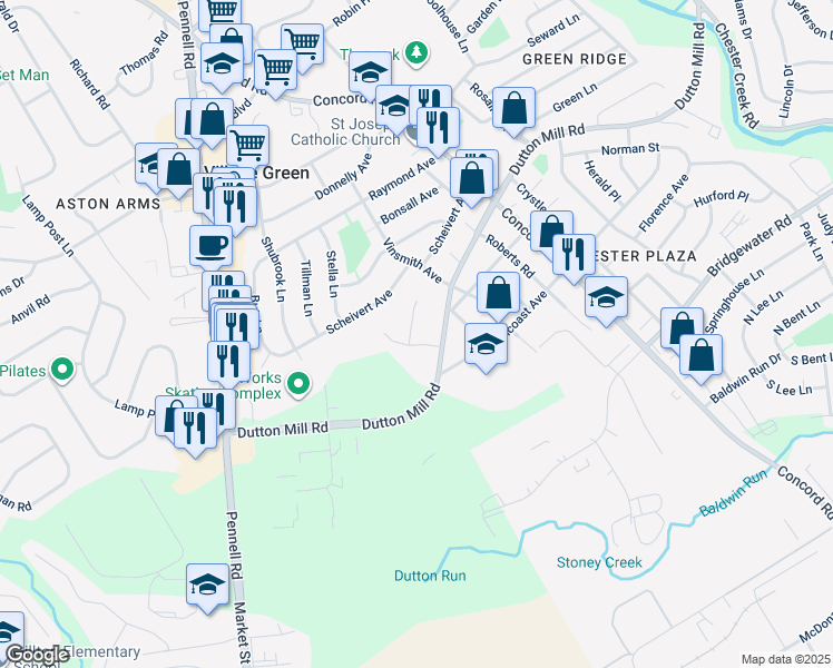 map of restaurants, bars, coffee shops, grocery stores, and more near 5 Joann Drive in Aston