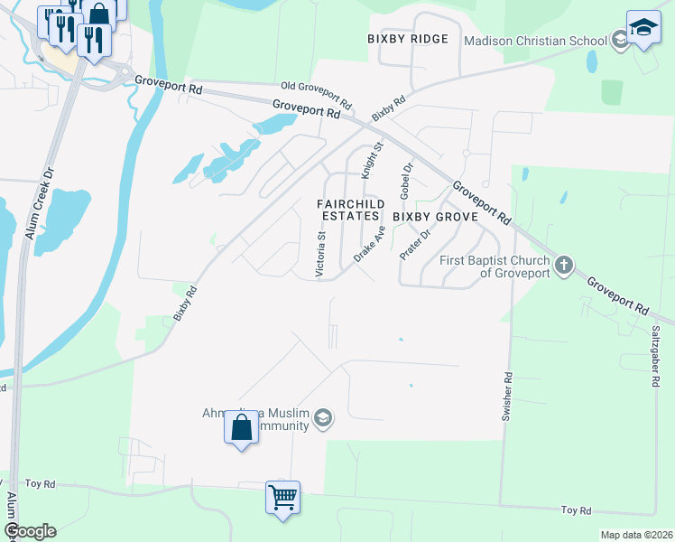 map of restaurants, bars, coffee shops, grocery stores, and more near 5371 Princeton Lane in Groveport