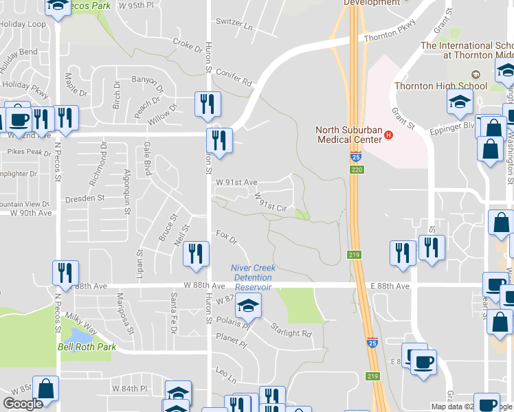 map of restaurants, bars, coffee shops, grocery stores, and more near 580 West 91st Circle in Thornton
