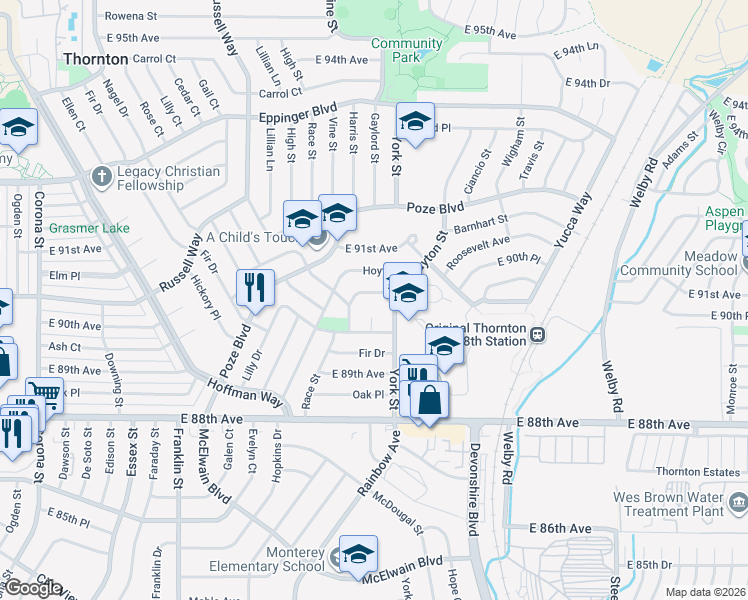 map of restaurants, bars, coffee shops, grocery stores, and more near 8981 York Street in Thornton