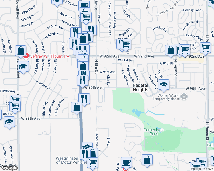 map of restaurants, bars, coffee shops, grocery stores, and more near 8985 Clay Street in Federal Heights