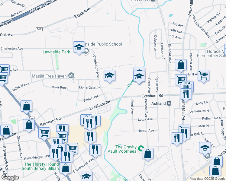 map of restaurants, bars, coffee shops, grocery stores, and more near 715 Evesham Road in Somerdale