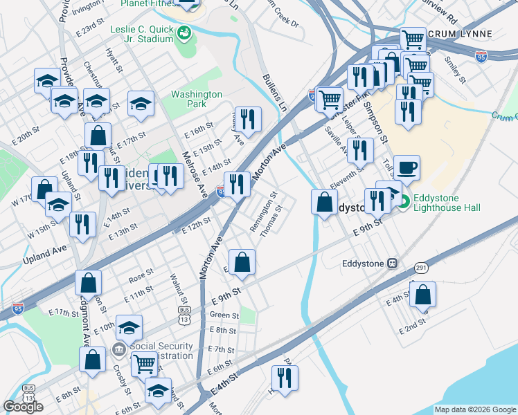 map of restaurants, bars, coffee shops, grocery stores, and more near 1108 Thomas Street in Chester