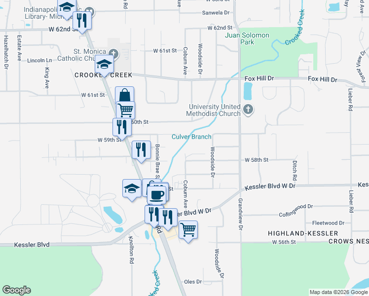 map of restaurants, bars, coffee shops, grocery stores, and more near 5806 Coburn Avenue in Indianapolis