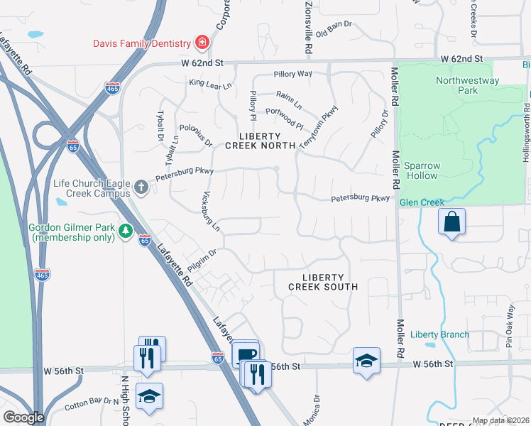 map of restaurants, bars, coffee shops, grocery stores, and more near 5725 Blackley Lane in Indianapolis