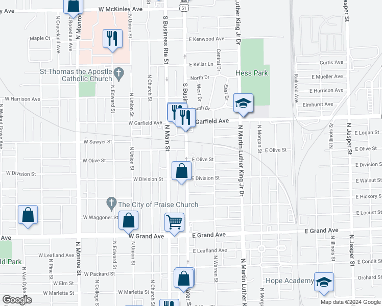 map of restaurants, bars, coffee shops, grocery stores, and more near 1600-1698 North Water Street in Decatur