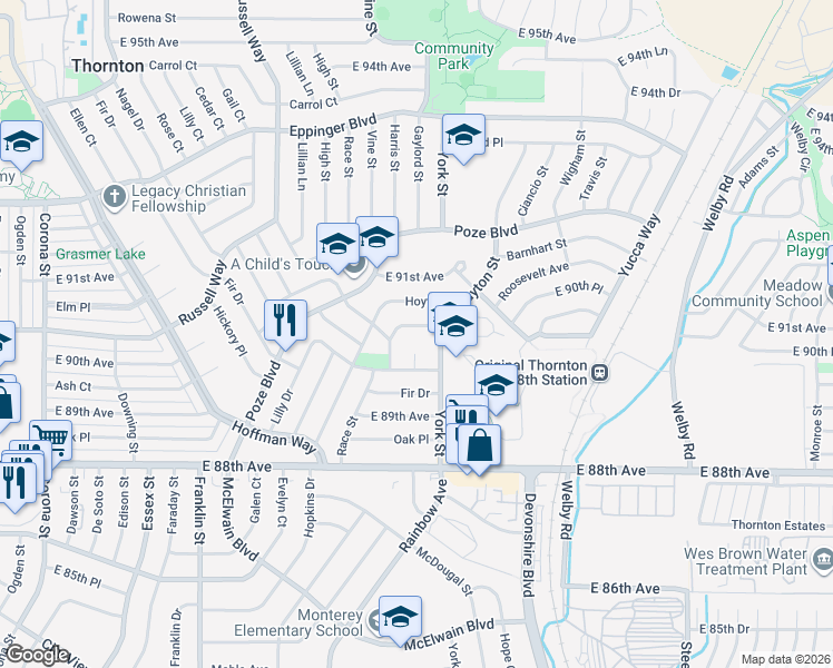 map of restaurants, bars, coffee shops, grocery stores, and more near 8981 York Street in Thornton