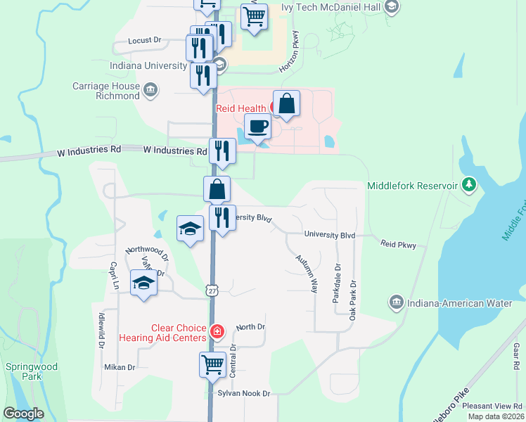 map of restaurants, bars, coffee shops, grocery stores, and more near 1240 University Boulevard in Richmond
