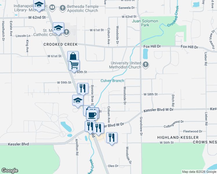 map of restaurants, bars, coffee shops, grocery stores, and more near 5806 Coburn Avenue in Indianapolis