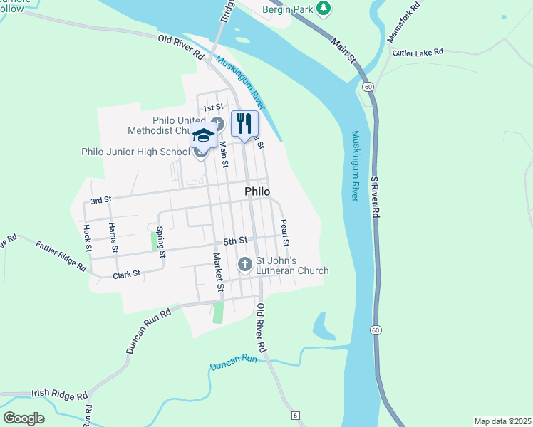 map of restaurants, bars, coffee shops, grocery stores, and more near 415 Water Street in Zanesville