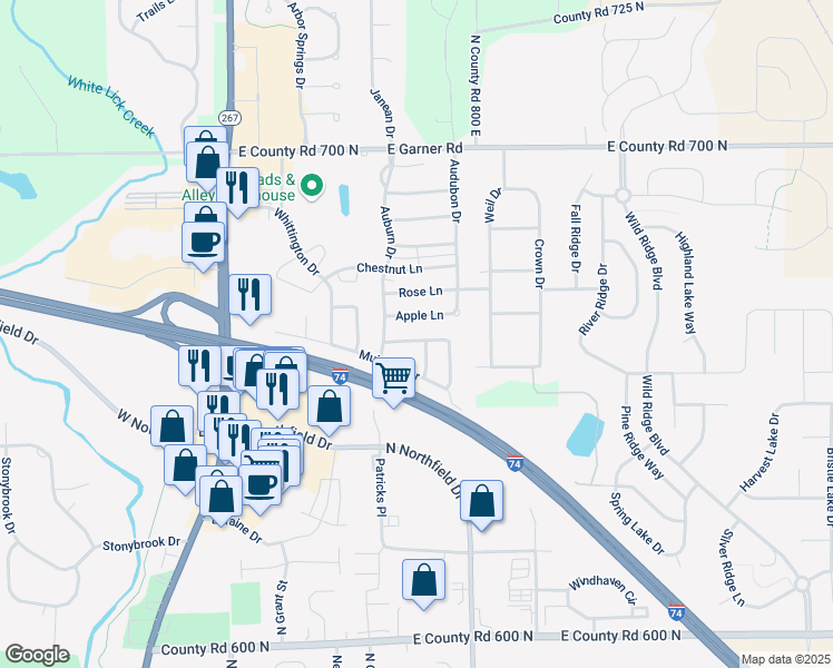 map of restaurants, bars, coffee shops, grocery stores, and more near 724 Kingston Circle in Brownsburg