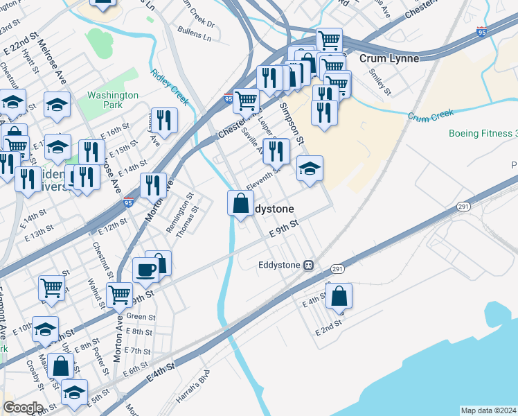 map of restaurants, bars, coffee shops, grocery stores, and more near 1212 Tenth Street in Eddystone