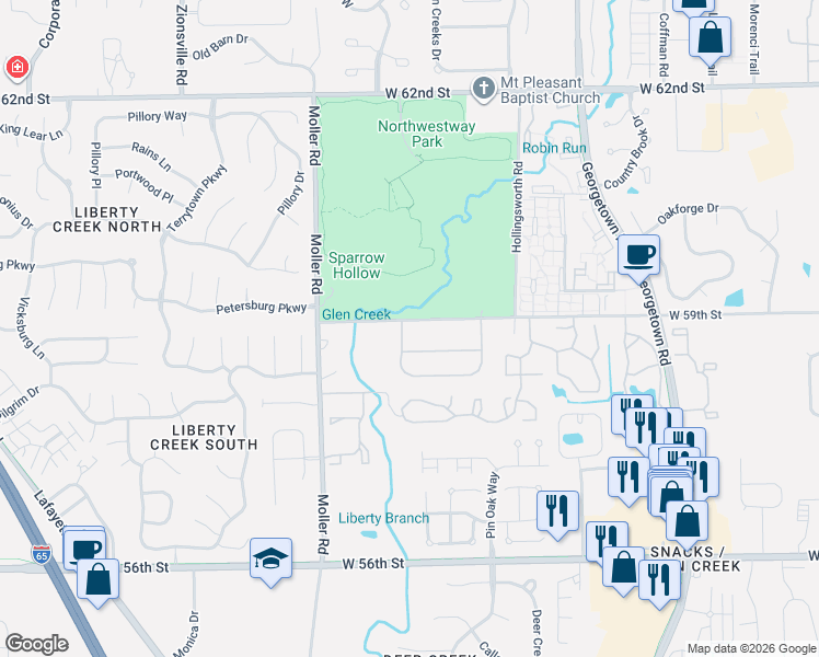 map of restaurants, bars, coffee shops, grocery stores, and more near 5854 Blair Place in Indianapolis