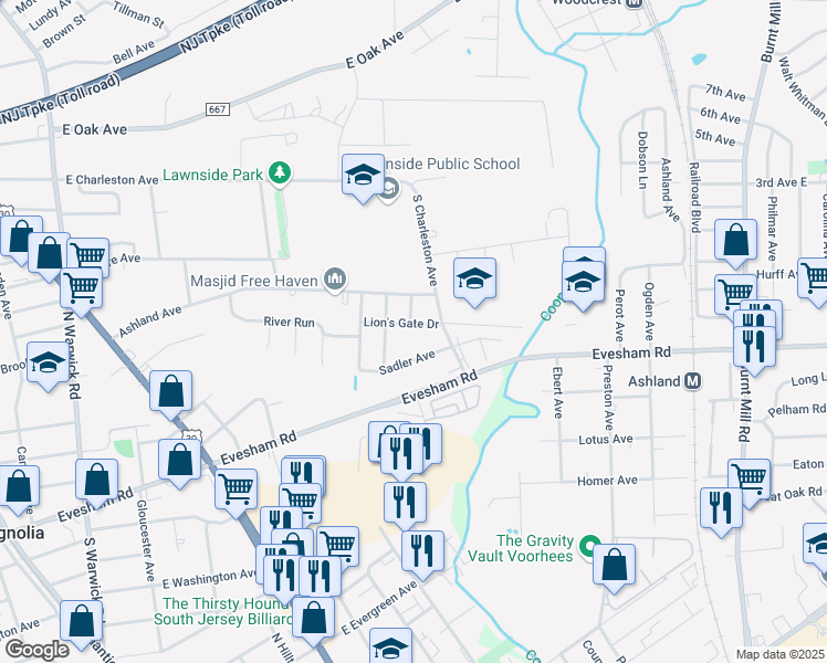 map of restaurants, bars, coffee shops, grocery stores, and more near 344 Lion's Gate Drive in Lawnside