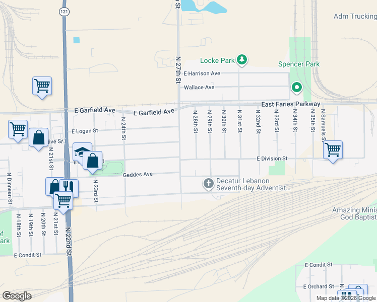 map of restaurants, bars, coffee shops, grocery stores, and more near 1606-1678 N 27th St in Decatur
