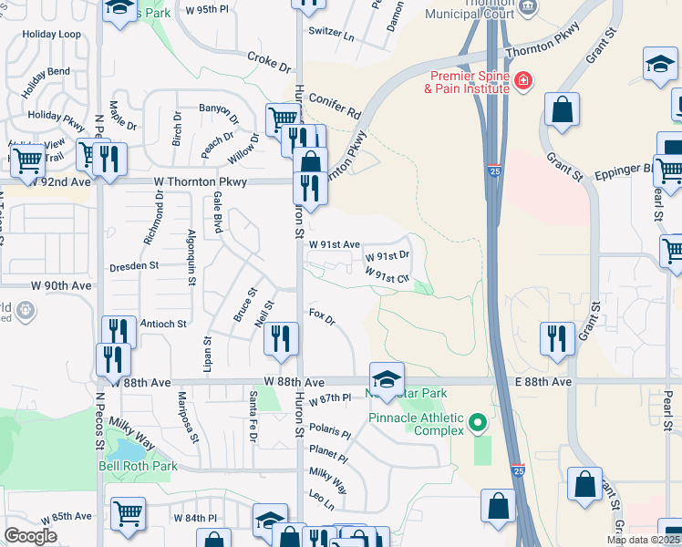 map of restaurants, bars, coffee shops, grocery stores, and more near 700 West 91st Avenue in Thornton