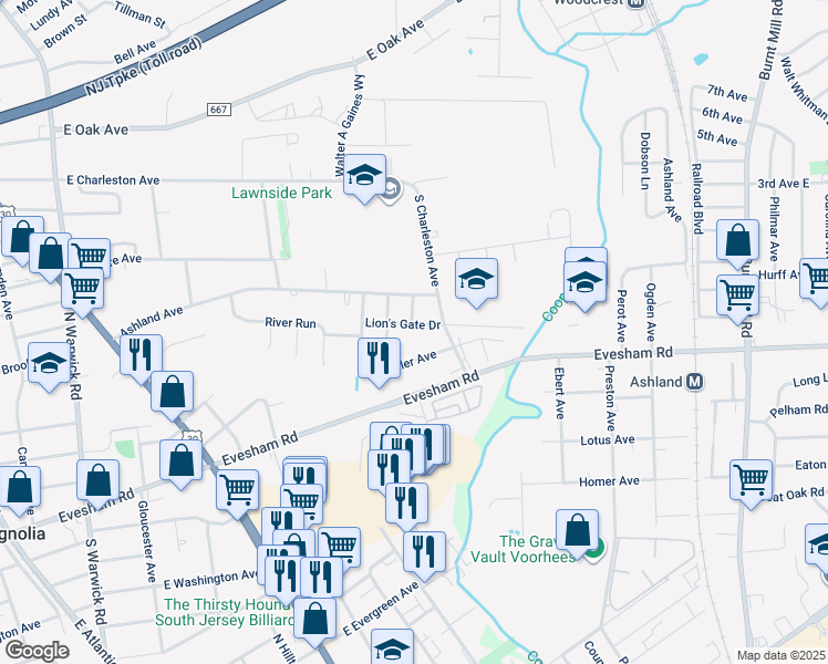 map of restaurants, bars, coffee shops, grocery stores, and more near 344 Lion's Gate Drive in Lawnside