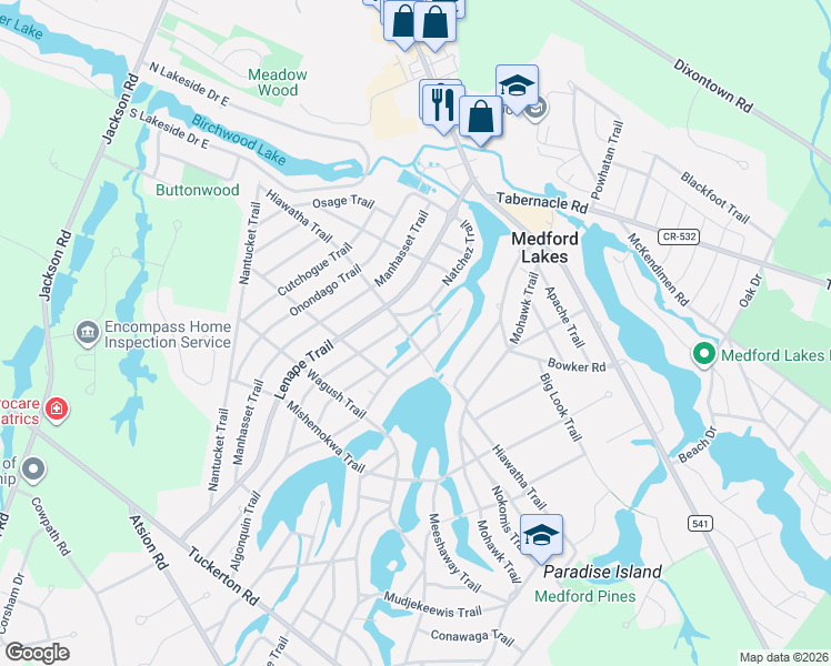 map of restaurants, bars, coffee shops, grocery stores, and more near 61 Hiawatha Trail in Medford