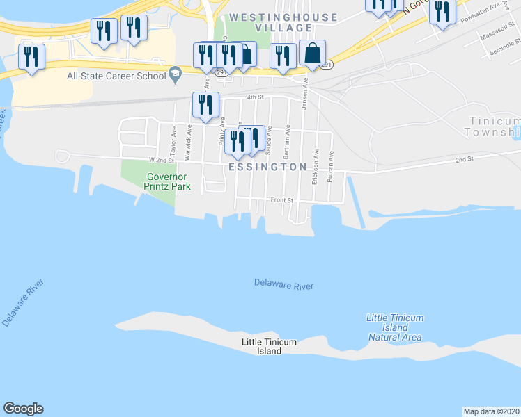 map of restaurants, bars, coffee shops, grocery stores, and more near 9 Riverwatch Court in Tinicum Township