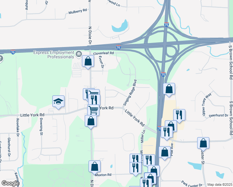 map of restaurants, bars, coffee shops, grocery stores, and more near 3744 Whisper Creek Drive in Dayton