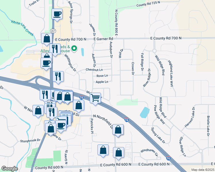 map of restaurants, bars, coffee shops, grocery stores, and more near 740 Kingston Circle in Brownsburg