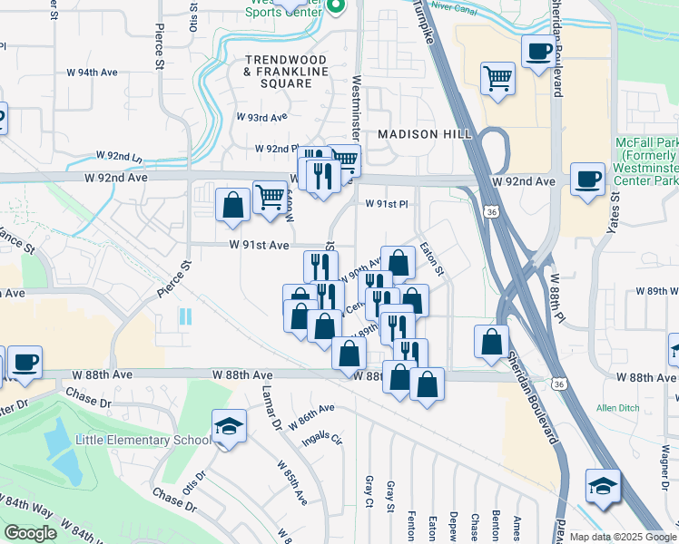 map of restaurants, bars, coffee shops, grocery stores, and more near 8986-9008 N Harlan St in Westminster