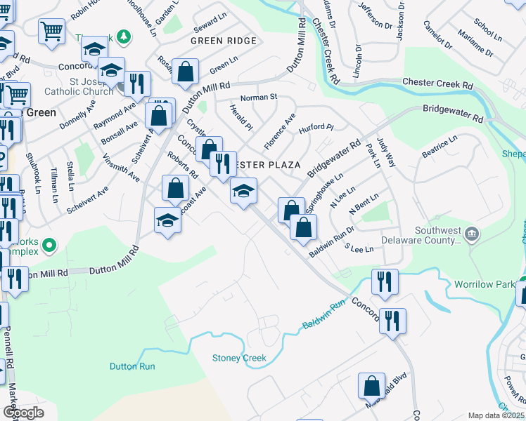 map of restaurants, bars, coffee shops, grocery stores, and more near 2830 Concord Road in Village Green