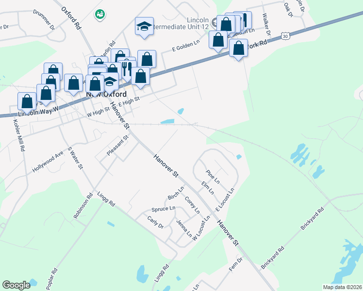 map of restaurants, bars, coffee shops, grocery stores, and more near 304 Commerce Street in New Oxford