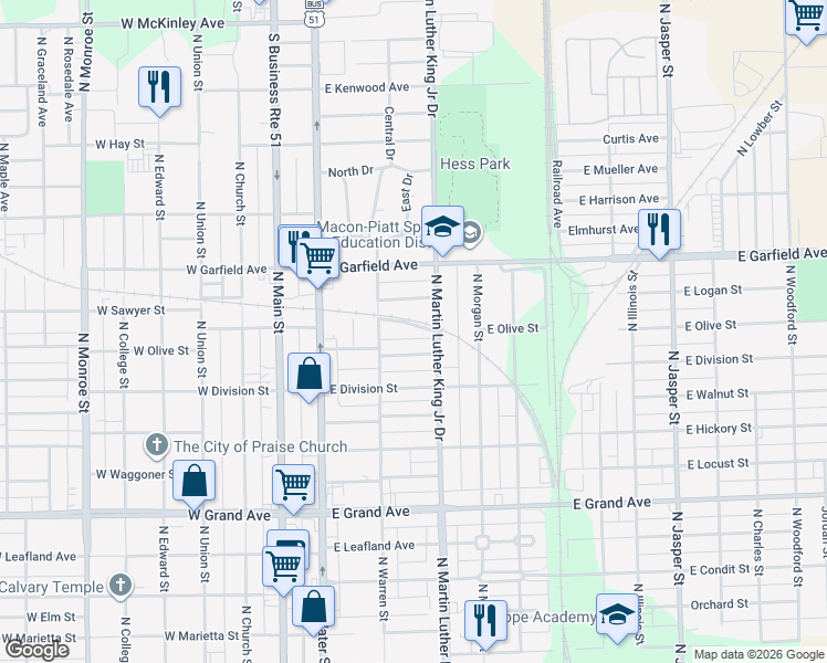 map of restaurants, bars, coffee shops, grocery stores, and more near 451 East Olive Street in Decatur