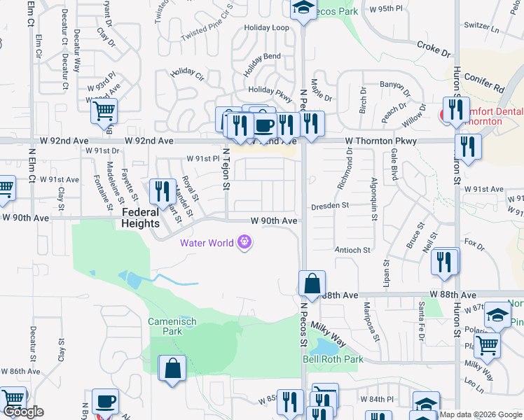 map of restaurants, bars, coffee shops, grocery stores, and more near 2102-2158 W 90th Ave in Federal Heights