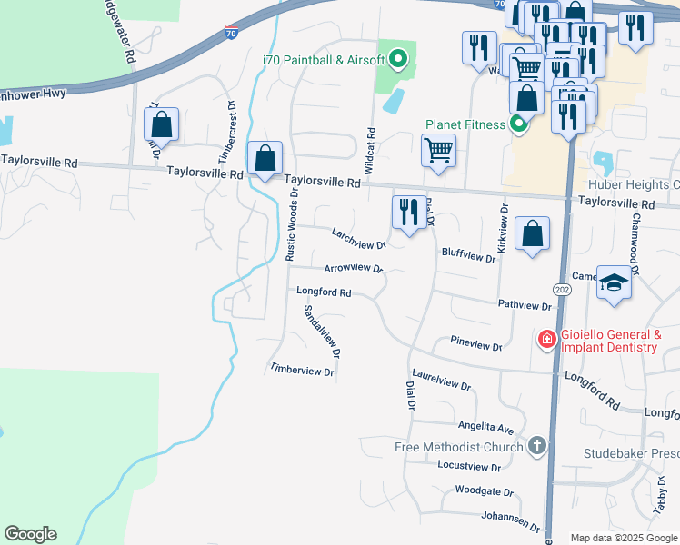 map of restaurants, bars, coffee shops, grocery stores, and more near 4961 Longford Road in Huber Heights